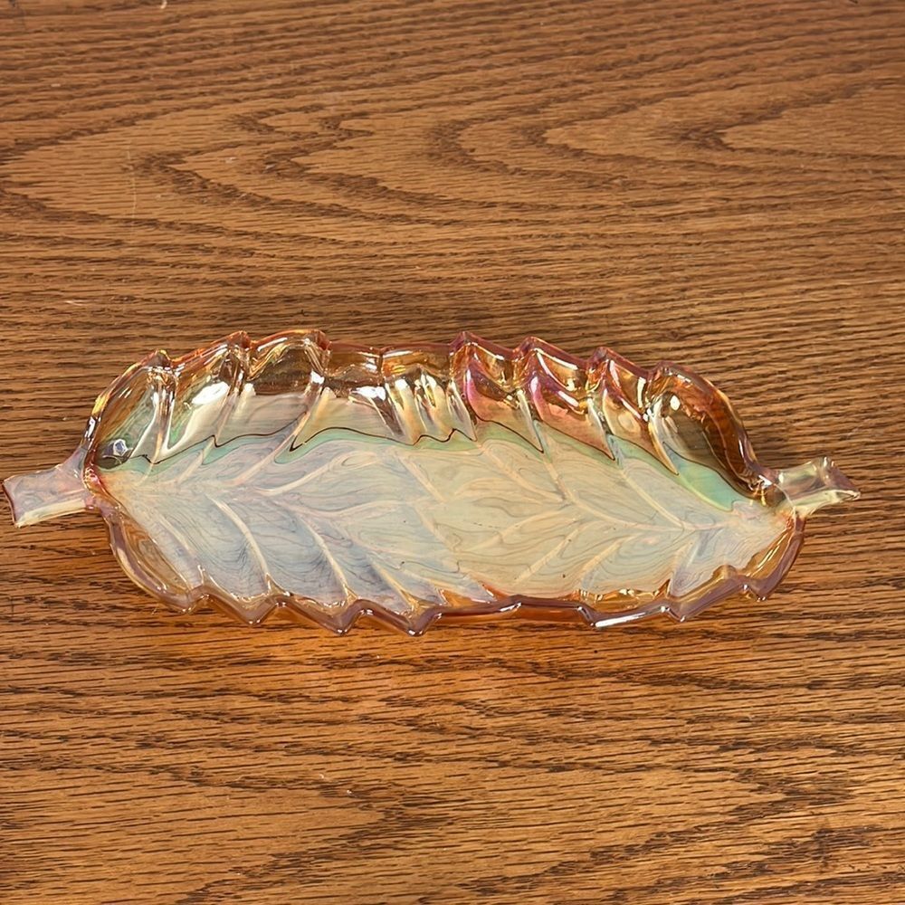Vintage Orange Carnival Glass Leaf Tray, Dish opalescent